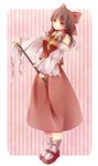  bad_id bad_pixiv_id bare_shoulders brown_hair detached_sleeves gohei hair_tubes hakurei_reimu highres holding long_hair red_eyes solo striped striped_background tamagogayu1998 touhou vertical-striped_background vertical_stripes 