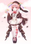 +_+ 1girl :o animal_ears apron argyle argyle_legwear bangs beret black_bow black_dress black_footwear black_hat black_ribbon blush bow bunny_ears commentary_request cuna_(qunya) dress eyebrows_visible_through_hair fake_animal_ears floppy_ears food food_fantasy frilled_apron frilled_dress frilled_sleeves frills full_body glint hand_up hat hat_ornament hat_ribbon highres juliet_sleeves lace_trim long_sleeves maid maid_apron mary_janes mismatched_legwear nail_polish parted_lips pink_eyes pink_hair pink_nails puffy_sleeves rainbow ribbon shoes short_hair sleeves_past_wrists solo standing tailcoat thighhighs white_apron white_legwear wide_sleeves 