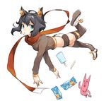  ahoge animal_ears black_hair blue_eyes cat_ears food kasa kiki_(koba) original popsicle red_scarf scarf shoes short_hair shorts sidelocks sneakers solo thighhighs 