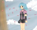  blue_hair choker original petals purple_jacket red_eyes skirt tree 