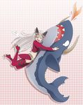  ^_^ aldra_(queen's_blade) blush boots closed_eyes eyepatch faulds happy highres horns hug long_hair midriff polka_dot polka_dot_background queen's_blade queen's_blade_rebellion red_legwear shark silver_hair solo stuffed_animal stuffed_shark stuffed_toy sunimu thigh_boots thighhighs 