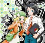  1boy 1girl :d abstract_background ahoge bag bel_(pokemon) belt black_hair blonde_hair blue_eyes blue_pants book cheren_(pokemon) chikorita85 coat creatures_(company) dress expressionless formal game_freak glasses green_hat handbag hat hat_ribbon holding holding_book long_sleeves looking_at_viewer necktie nintendo open_mouth pants poke_ball poke_ball_(generic) pokemon pokemon_special red_neckwear ribbon short_hair smile standing upper_body white_dress white_ribbon 