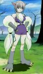  canine chest_tuft claws clothing collar ear_piercing female fur grass gray_fur grey_fur hair mammal ouka ouka_(character) outside pelt piercing purple_clothes purple_clothing short_hair shorts silver_hair skin_markings solo standing tree tuft white_skin wolf wood 