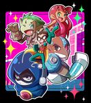  3boys :d beast_boy_(dc) cape chibi cyborg_(dc) dc_comics frame ladama multiple_boys multiple_girls no_nose one_eye_closed open_mouth raven_(dc) robin_(dc) smile sparkle starfire teen_titans 