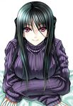  black_hair breasts large_breasts mugenshiki original red_eyes ribbed_sweater solo sweater 
