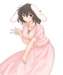  animal_ears black_hair blush breasts bunny_ears bunny_tail carrot carrot_necklace dress inaba_tewi jewelry kasuga_yukihito large_breasts necklace older panties pendant red_eyes see-through short_hair smile solo tail touhou underwear v white_panties 