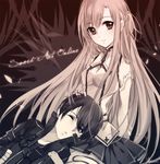  1girl asuna_(sao) bad_id bad_pixiv_id copyright_name couple hetero kirito lap_pillow leirix monochrome sword_art_online 