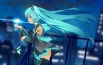  aqua_eyes aqua_hair baisi_shaonian bare_shoulders black_legwear bug butterfly cellphone detached_sleeves from_side glowing hatsune_miku headphones insect long_hair long_sleeves necktie phone railing skirt solo thighhighs twintails very_long_hair vocaloid 