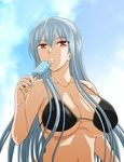  bikini_top breasts cloud food kenji_t1710 large_breasts long_hair looking_at_viewer open_mouth popsicle red_eyes selvaria_bles senjou_no_valkyria silver_hair sky solo sweat tongue underboob upper_body 