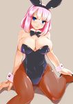  animal_ears bare_shoulders blue_eyes blush bow bowtie breasts bunny_ears bunny_girl bunnysuit cleavage detached_collar fishnet_pantyhose fishnets huge_breasts lillithlauda open_mouth original pantyhose pink_hair short_hair sitting solo wariza wrist_cuffs 