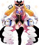  3: animal_hat bare_shoulders bird black_legwear boots brown_hair elbow_gloves esmeralda_(mawaru_penguindrum) gloves hat long_hair mawaru_penguindrum owarine_miku penguin penguin_1-gou penguin_2-gou penguin_3-gou pink_eyes princess_of_the_crystal solo takakura_himari thigh_boots thighhighs 