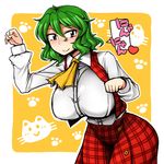  :&gt; arm_up ascot blush breasts cat checkered checkered_skirt green_hair heart huge_breasts kazami_yuuka looking_at_viewer open_clothes open_vest paw_pose paw_print red_eyes shirt skirt skirt_set smile solo touhou unadare vest 