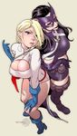  back-to-back beckoning bent_over black_hair blonde_hair blue_eyes breasts cleavage cleavage_cutout come_hither dc_comics gloves huntress large_breasts leotard lips mask multiple_girls power_girl ricken smile 