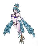  bikini bird bishie-keeper blue_feathers blue_hair breasts claws clothed clothing crown feathers female gray_skin grey_skin hair harpy plain_background skimpy small_breasts solo swimsuit white_background 