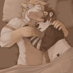  ammy_(character) amwulf bear bed biceps black_fur blanket body_hair brown_fur brown_theme chubby claws cuddling eyes_closed fur gay hair happy_trail male mammal muscles neevipanda panda piercing romantic sleeping snot_bubble tattoo voondahbayosh white_fur 