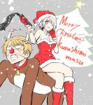  1boy 1girl animal_costume bell bell_collar boots breasts candle chartreux_westia christmas cleavage clenched_teeth collar dress fur_trim glasses gloves hair_over_one_eye hat highres kishuku_gakkou_no_juliet merry_christmas natsupa pun red_gloves reindeer_costume santa_boots santa_costume santa_gloves santa_hat scott_fold short_hair silver_hair sitting sitting_on_person strapless strapless_dress sweat teeth yellow_eyes 