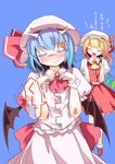  :d ^_^ anger_vein angry ascot bad_id bad_pixiv_id blonde_hair blue_background blue_hair blush breast_envy closed_eyes culter flandre_scarlet hat hat_ribbon highres multiple_girls open_mouth partially_translated remilia_scarlet ribbon smile touhou translation_request wings wrist_cuffs 