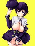  breasts breasts_outside cabbie_hat hat hat_removed headwear_removed large_breasts looking_at_viewer nipples panties pazma persona persona_4 puffy_nipples shirogane_naoto short_hair simple_background solo tareme unbuttoned underwear 