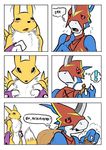  apron armor blue_eyes bridal_gauntlets canine chest_tuft comic digimon duo female flamedramon fox fur gift horn male mammal nanogrrr necklace paws plain_background purse_necklace red_eyes renamon scalie standing sweat tuft video_games white_background yin_yang 