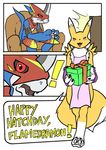  apron armband armor blue_eyes bridal_gauntlets canine comic digimon duo female flamedramon fox gift hindpaw horn male mammal nanogrrr paws plain_background red_eyes renamon scalie sitting standing toes video_games white_background 