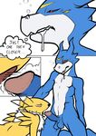  balls blowing breath breathing canine chest_tuft comic digimon drooling duo fangs female flamedramon fox fur male mammal nanogrrr nostrils nude open_mouth penis plain_background red_eyes renamon saliva scalie tuft video_games white_background 