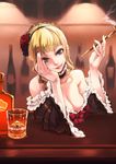  bare_shoulders beatrice blonde_hair blue_eyes breasts choker cleavage cup drinking_glass flower grin hair_flower hair_ornament kiseru large_breasts lips lipstick looking_at_viewer makeup moku_(racie45bv) nail_polish pipe smile solo umineko_no_naku_koro_ni 