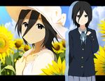  black_eyes black_hair blazer blush bow cloud day extra flower hair_between_eyes hat jacket k-on! kisuke_(akutamu) looking_at_viewer ribbon sakuragaoka_high_school_uniform school_uniform shimizu_kyouko skirt sky smile sun_hat sunflower upper_body 