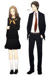  1girl adachi_tooru age_difference belt blazer brown_hair formal grin hand_in_pocket houndstooth jacket konishi_saki mushisotisis necktie persona persona_4 school_uniform serafuku smile socks suit white_legwear 