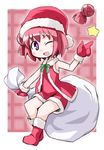  akaza_akari boots detached_hair gloves hat kugelschreiber one_eye_closed purple_eyes red_gloves red_hair ribbon santa_costume solo star yuru_yuri 