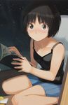  amagami bare_shoulders black_hair blush bob_cut brown_eyes jpeg_artifacts manga_(object) official_art short_hair sitting skirt tachibana_miya takayama_kisai tank_top wariza 