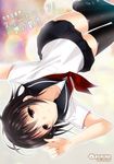  black_hair black_legwear blush brown_eyes cover hair_ornament hairclip looking_at_viewer original saikawa_yusa school_uniform serafuku short_hair skirt smile solo thighhighs upside-down 