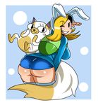  1girl adventure_time animal_hood ass backpack bag bent_over black_eyes blonde_hair breasts bunny_hood cake_(adventure_time) cat curvy eric_lowery fionna grin hips hood huge_ass large_breasts long_hair looking_back polka_dot polka_dot_background salute simple_background skirt smile ss2_(artist) thighhighs undersized_clothes white_legwear wide_hips wink zettai_ryouiki 