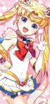  back_bow bad_id bad_pixiv_id bishoujo_senshi_sailor_moon blonde_hair blue_eyes blue_sailor_collar bow choker cowboy_shot double_bun elbow_gloves gloves heart heart_choker long_hair multicolored multicolored_clothes multicolored_skirt open_mouth red_bow sailor_collar sailor_moon sailor_senshi_uniform seal_(pukozin) skirt solo super_sailor_moon tiara tsukino_usagi twintails very_long_hair white_gloves 