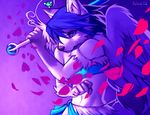 blue_hair canine falvie female flower fox hair mammal petals purple_theme rose skirt solo sword weapon wing(character) wings wolf 