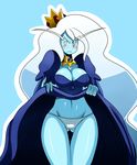 1girl adventure_time blue_background blue_skin blush breasts cleavage crown curvy dress dress_lift eric_lowery eyebrows frown highres ice_queen jewelry large_breasts long_hair navel panties simple_background solo ss2_(artist) thigh_gap thighs underwear very_long_hair white_hair white_panties wide_hips 