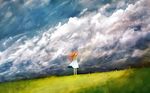  :o book cloud day dress grass holding holding_book long_hair looking_away orange_hair original sakimori_(hououbds) sky solo standing sundress wind 
