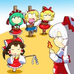  alice_margatroid ascot blonde_hair boots bow brown_hair chibi closed_eyes detached_sleeves dress expressionless fire frills front_ponytail fujiwara_no_mokou gohei gomi_ichigo green_eyes green_hair hair_bow hair_ornament hair_ribbon hakurei_reimu highres kagiyama_hina long_hair long_sleeves medicine_melancholy multiple_girls open_mouth ponytail red_dress ribbon rope shoes short_hair short_sleeves touhou white_hair wide-eyed wide_sleeves 