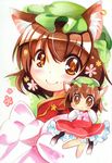  animal_ears blush bow brown_eyes brown_hair cat_ears chen chibi face hat jewelry marker_(medium) short_hair single_earring solo takamoto_akisa touhou traditional_media upper_body 