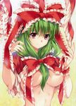  breasts censored convenient_censoring front_ponytail green_hair hair_ribbon highres kagiyama_hina large_breasts light_smile looking_at_viewer non-web_source pico_(picollector79) red_eyes resized ribbon scan scanlines solo touhou underboob upper_body 