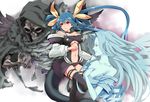  asymmetrical_wings bare_shoulders black_legwear blue_eyes blue_hair breasts center_opening choker dizzy guilty_gear hair_ribbon long_hair medium_breasts navel necro_(guilty_gear) pureji_oshou red_eyes ribbon skull tail thighhighs twintails underboob undine_(guilty_gear) wings 