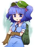  :o bag blue_eyes blue_hair blush gloves hair_bobbles hair_ornament hat kawashiro_nitori key kty_(04) looking_at_viewer open_mouth short_hair sleeves_rolled_up solo touhou two_side_up 