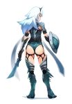  1girl armored_boots ass black_legwear blue_eyes boots from_behind garter_belt gauntlets hairband highres horn long_hair looking_to_the_side monster_hunter monster_hunter_xx o.m shield shoulder_armor silver_hair solo standing sword thighhighs thong weapon 