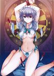  arms_up bare_legs bdsm bondage bound breasts cleavage dartboard grey_hair highres izayoi_sakuya knife looking_at_viewer maid_headdress medium_breasts no_bra non-web_source pico_(picollector79) planted_weapon purple_eyes resized scan scanlines short_hair silver_hair solo torn_clothes touhou underboob weapon 