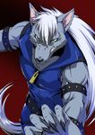  angry black_background clenched_teeth furry gradient gradient_background joka_(hiwai) long_hair male_focus precure red_background scowl smile_precure! solo teeth werewolf white_hair wolfrun 