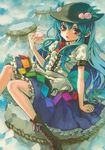  ama-tou blue_hair bow cross-laced_footwear food fruit hat highres hinanawi_tenshi keystone leaf long_hair open_mouth peach puffy_sleeves red_eyes rope scan short_sleeves sitting solo touhou 