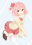  bad_id bad_pixiv_id highres morinaoekaki morinas original pink_hair red_eyes school_uniform side_ponytail skirt sleeves_past_wrists solo striped striped_background thighhighs tongue tongue_out white_legwear 