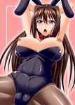  absurdres animal_ears aozaki_aoko blue_eyes breasts brown_hair bunny_ears bunnysuit highres huge_breasts long_hair mahou_tsukai_no_yoru nipples pantyhose solo zerosu_(take_out) 