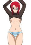  arms_up breasts cameltoe eyepatch green_eyes kimohiko long_sleeves my-hime nipples panties red_hair short_hair small_breasts striped striped_panties underwear white_background yuuki_nao 