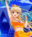  :d absurdres blonde_hair character_request cheerleader clothes_writing comiket cropped day green_eyes highres long_hair midriff nakajima_yuka navel open_mouth original outdoors pom_poms ponytail smile solo tokyo_big_sight 