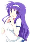  bad_id bad_pixiv_id blush breasts buruma covered_nipples gym_uniform hairband long_hair lyrical_nanoha mahou_shoujo_lyrical_nanoha_strikers medium_breasts open_mouth purple_eyes purple_hair short_sleeves solo tsukimura_suzuka watanon_(gakushokutei) white_background 